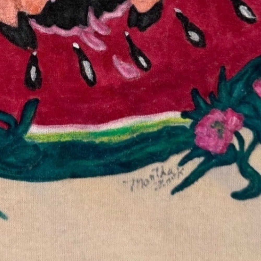 Vintage Jerzees Tan T-Shirt Hand Painted Pigs Watermelon Graphic XL Made in USA - Picture 4 of 8